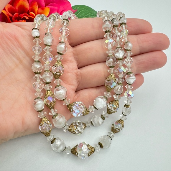 Vintage Givre Glass AB Crystal Bead Triple Strand Necklace Filigree Romantic - Picture 5 of 15